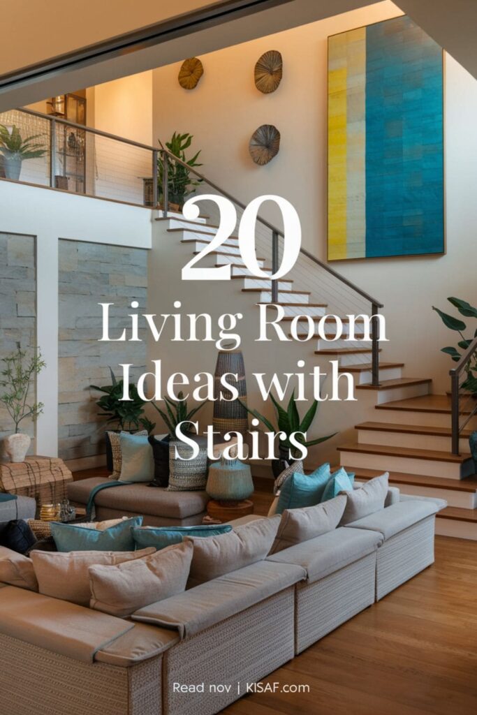 Image with text overlay 20 living room ideas with stairs