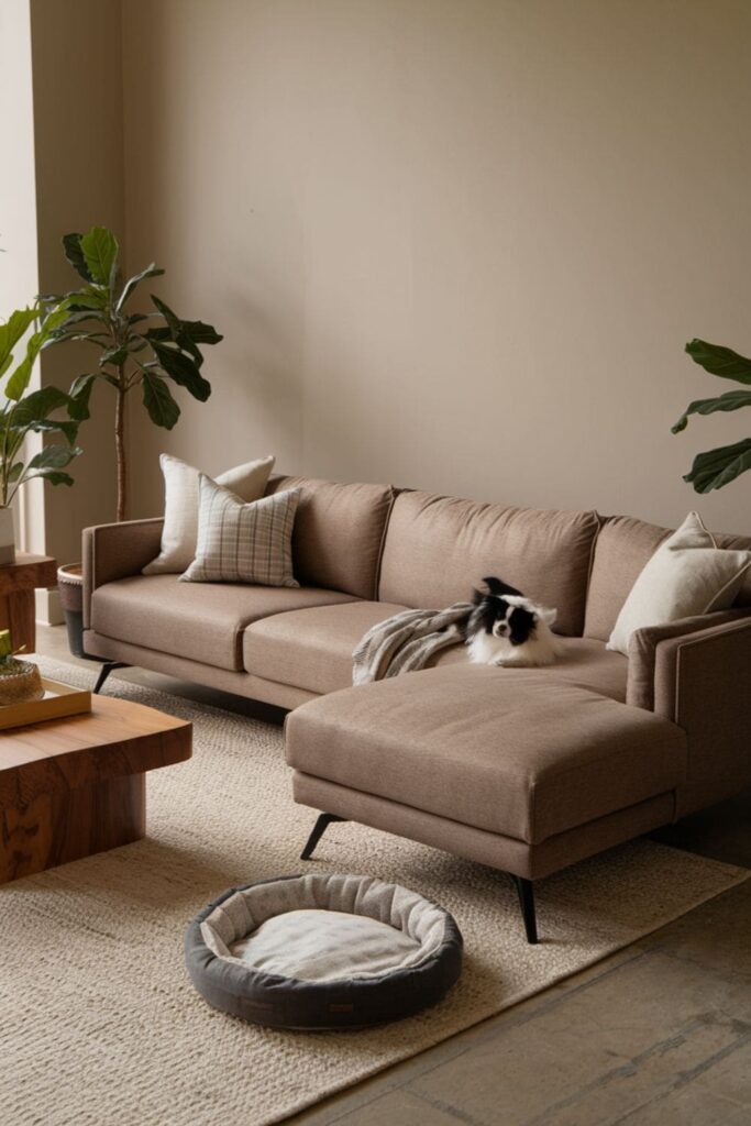 Inviting living room featuring a pet-friendly sectional made from durable fabrics, stylishly accommodating pets and owners alike