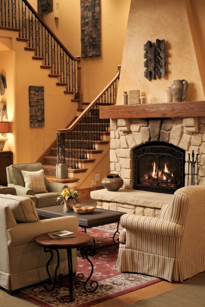 Inviting living room scene with a fireplace positioned near the staircase, surrounded by comfortable seating for gatherings