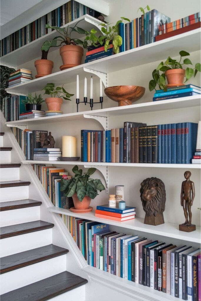 Living room featuring open shelving along the walls near the staircase, displaying books, plants, and decorative items in an organized manner