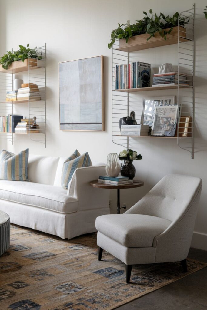 Living room featuring wall-mounted floating shelves with books and art, complemented by wall-mounted planters with greenery