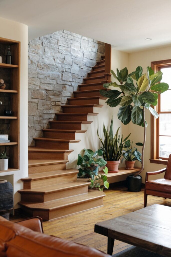 Living room incorporating natural materials like wood and stone in the staircase design, along with indoor plants for a refreshing vibe