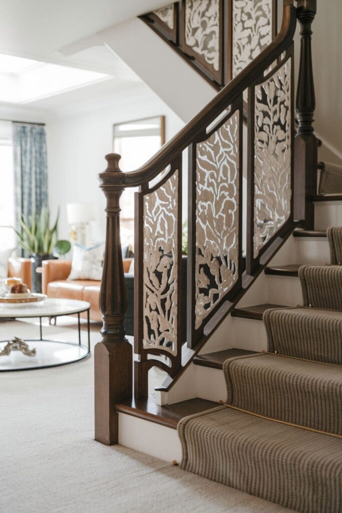 Living room showcasing decorative panels or screens along the staircase that add visual interest and style to the space