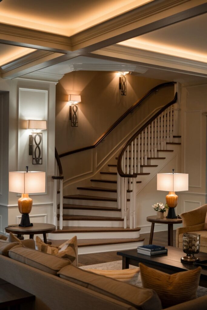 Living room showcasing layered lighting with overhead lights, sconces, and table lamps creating a warm ambiance near the stairs