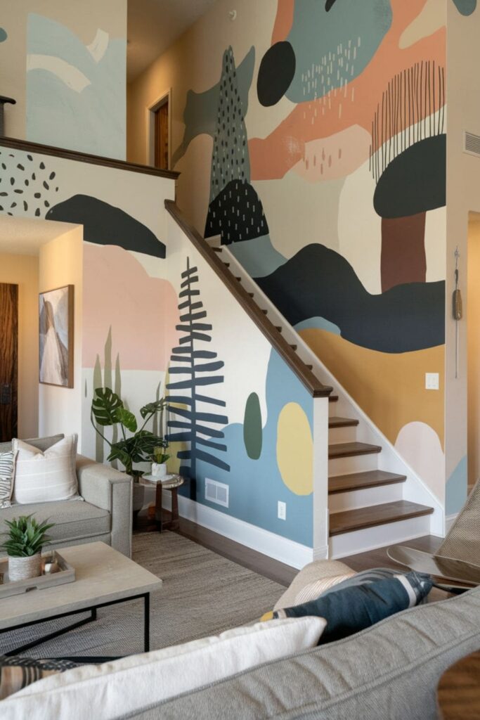 Living room with an eye-catching mural on the wall adjacent to the staircase, featuring abstract or nature-inspired themes