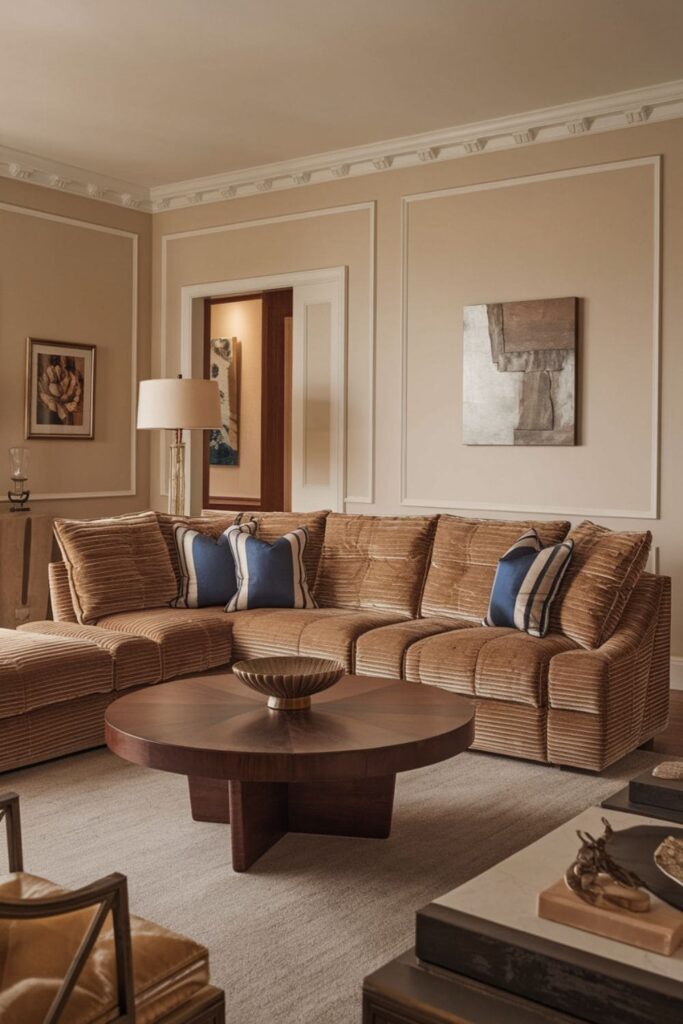 Luxurious living room featuring a textured sectional sofa in velvet fabric, complemented by elegant accessories and decor