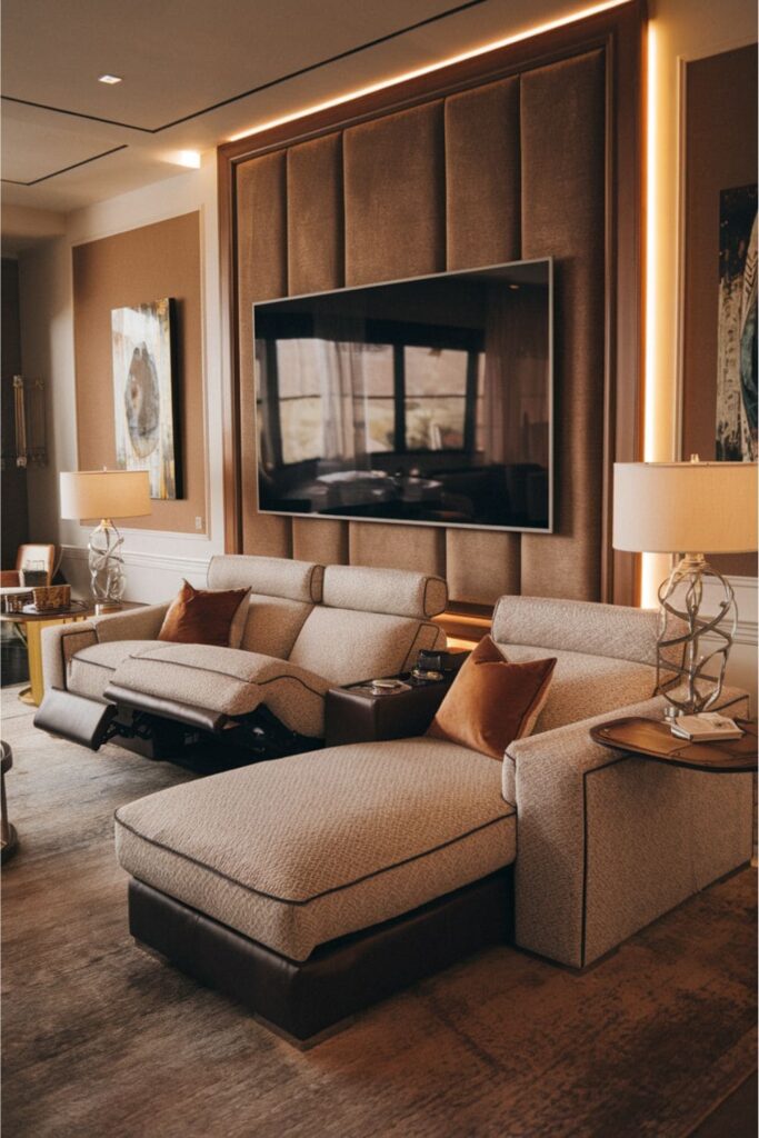 Luxurious living room scene highlighting a sectional sofa with recliners, emphasizing ultimate comfort for relaxation and movie watching