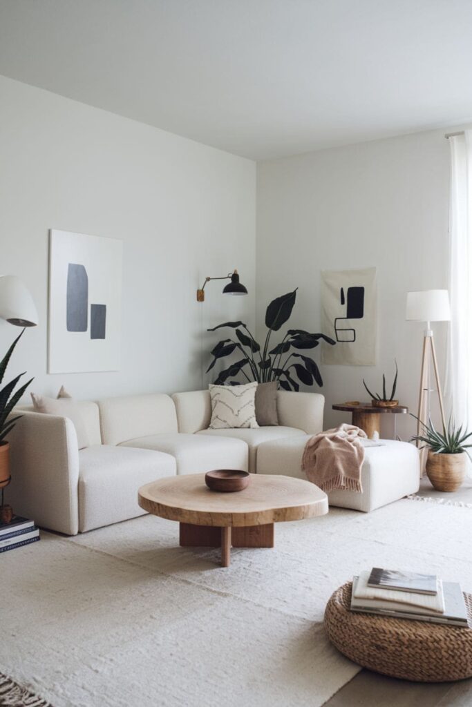 Minimalist Scandinavian-style living room showcasing a clean-lined sectional in light colors and natural materials for simplicity and warmth