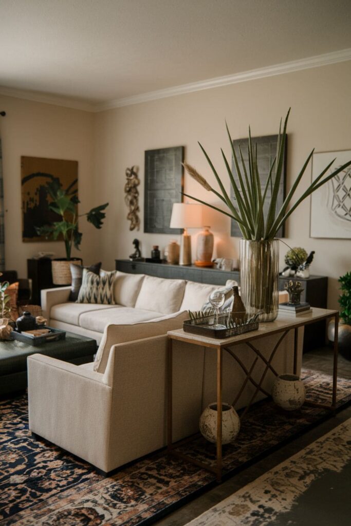 Organized living room featuring a sectional paired with a stylish console table displaying drinks and decorative items