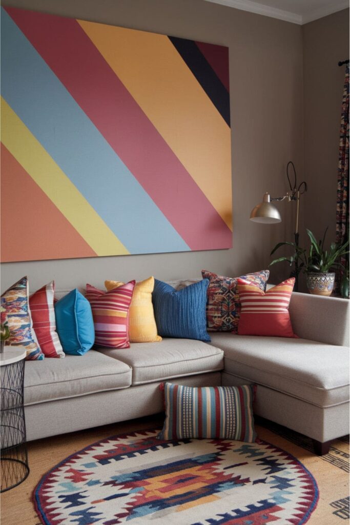 Playful living room scene highlighting a sectional enhanced by colorful cushions in various shapes and patterns for personality