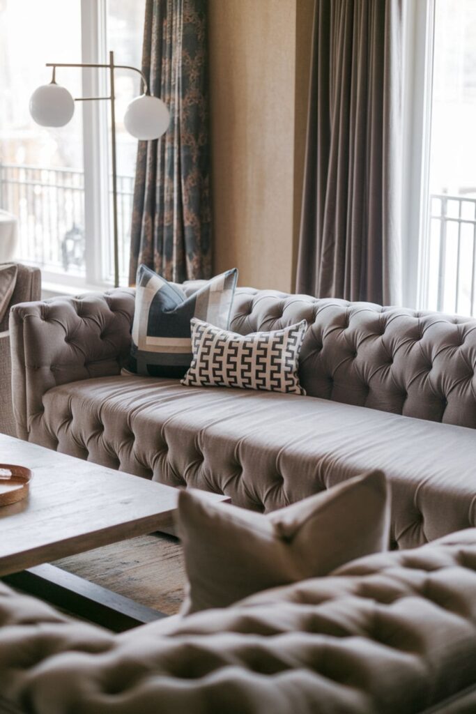 Sophisticated living room featuring a tufted sectional that adds elegance, paired with chic accessories like decorative throw pillows