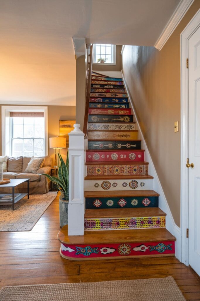 Staircase with vibrant colored or patterned risers, adding playful elements to a neutral-colored living room