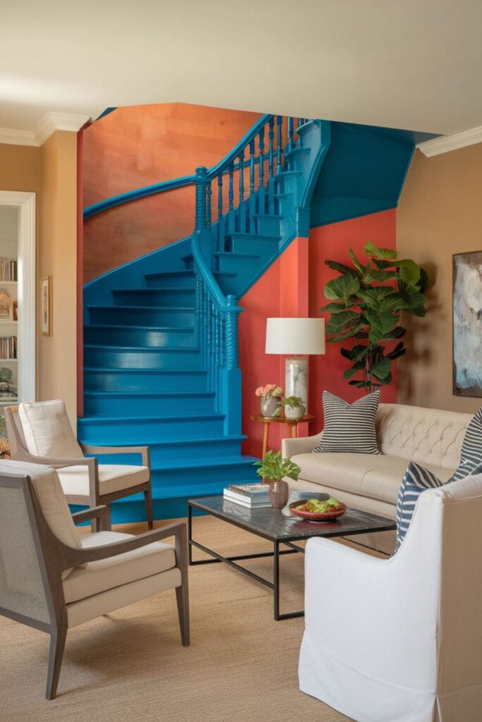 Striking living room where a brightly painted staircase serves as a stunning focal point against neutral walls