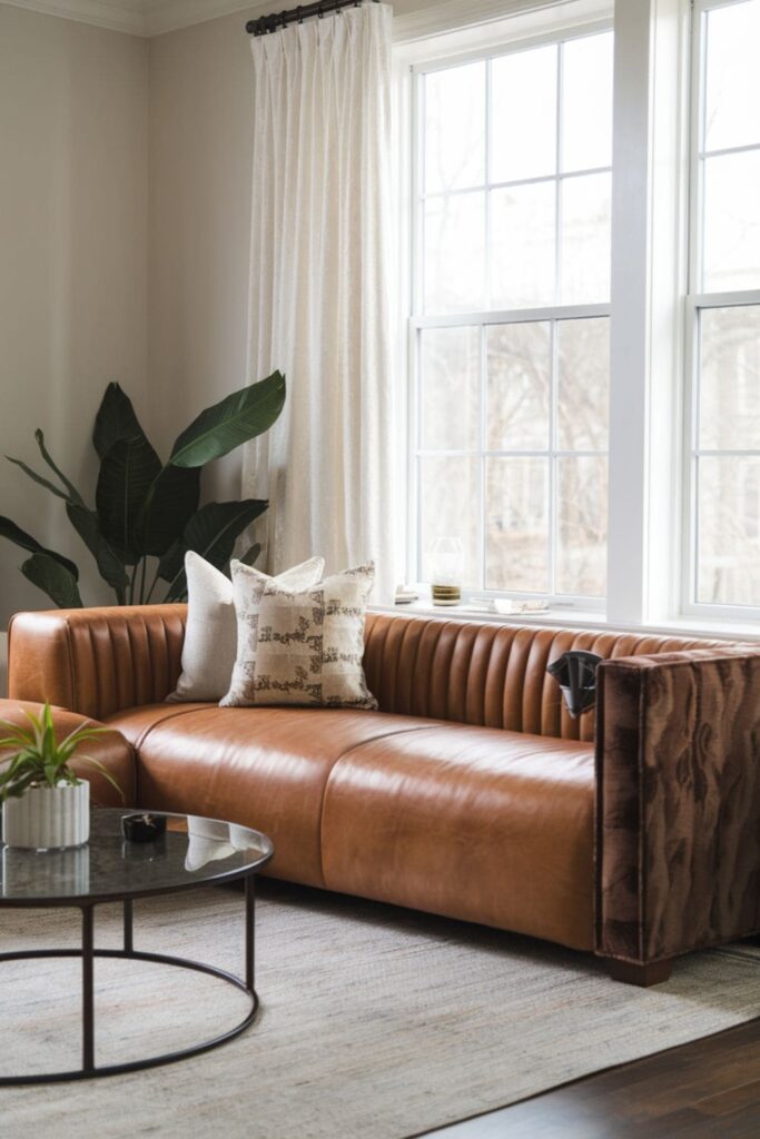 Stylish living room featuring a sectional sofa made from mixed materials, including leather and fabric textures