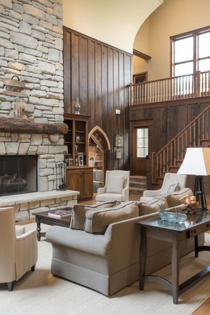 Stylish living room with textured wall treatments like wood paneling and stone accents near the staircase for added depth