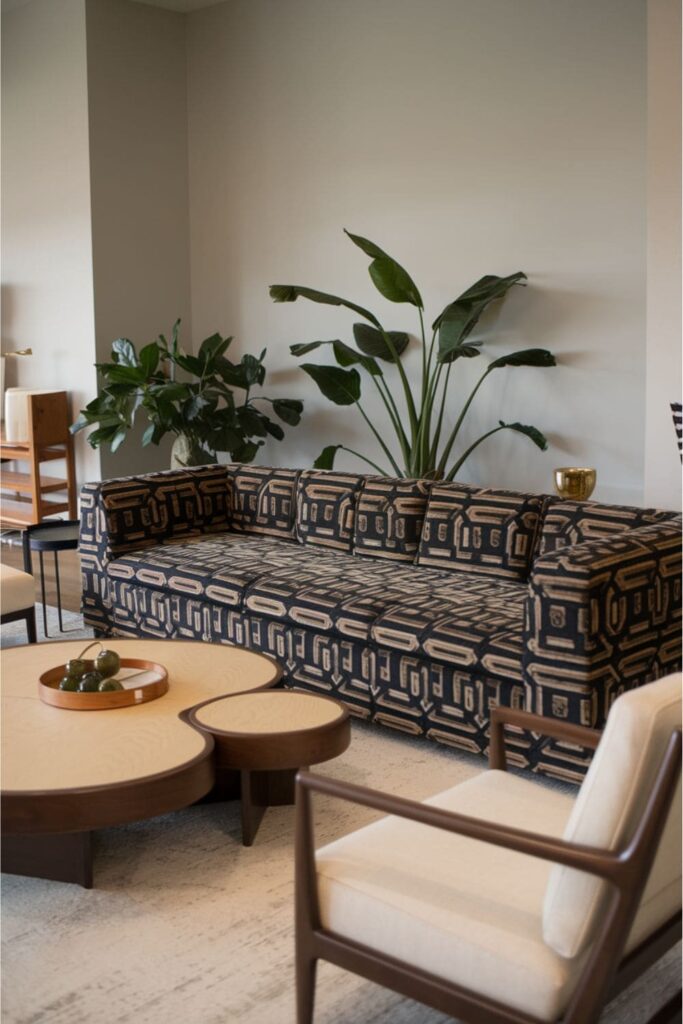 Trendy living room showcasing a bold patterned sectional sofa with geometric designs, balanced by neutral decor elements