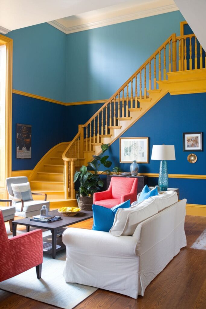 Vibrant living room design showcasing bold color blocking on walls and staircase, creating a striking visual impact