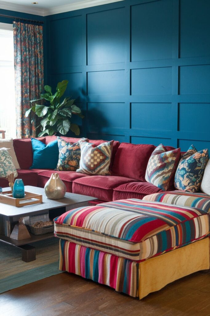 Vibrant living room scene with a sectional adorned with various decorative pillows of different sizes and patterns for added comfort