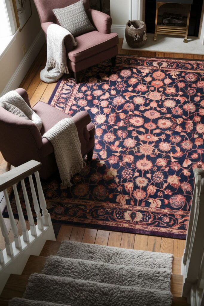 Warm living room scene with plush rugs at the base of the stairs and soft throws draped over nearby furniture for added comfort