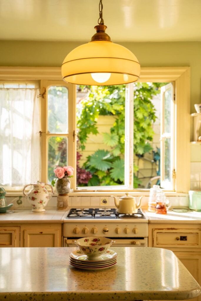 1970s kitchen ceiling with a round flush-mount dome light featuring brass and wood accents