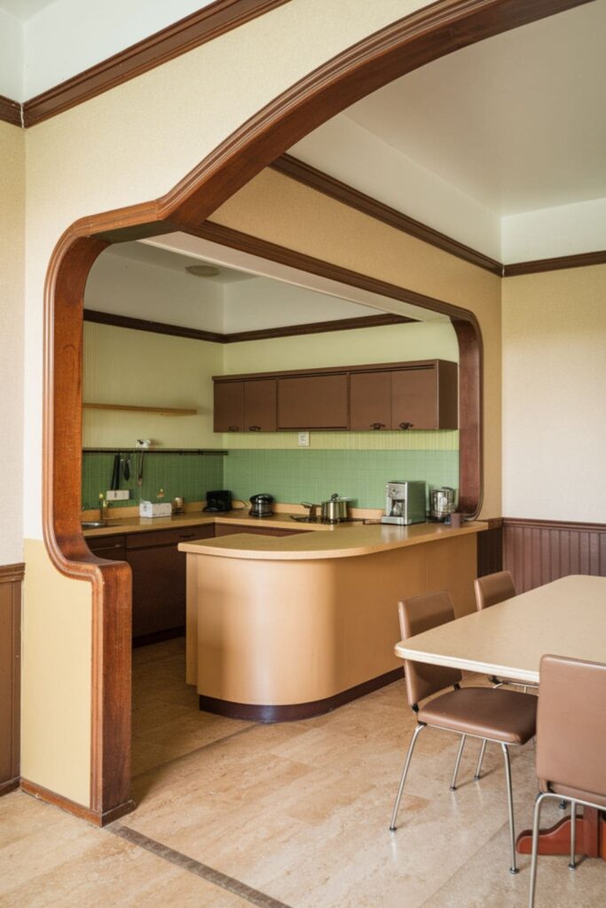 1970s-style open kitchen and dining space connected by a curved archway and wood trim accents
