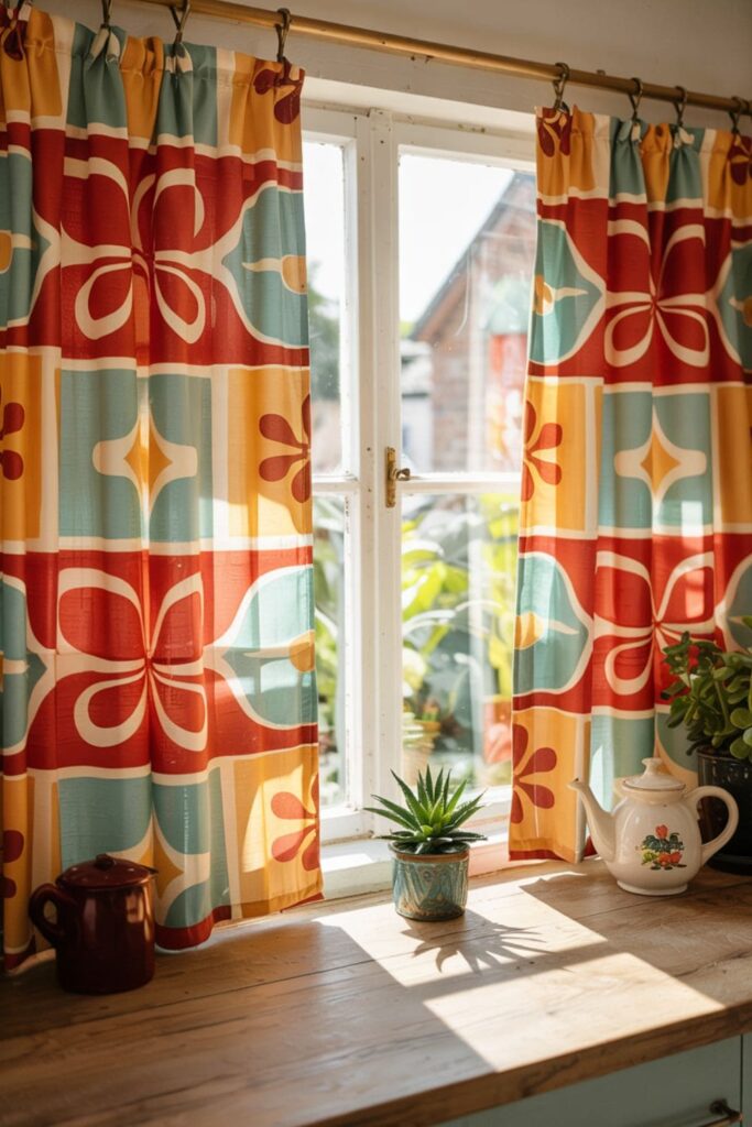 Bright kitchen window with bold-patterned caf+-¼ curtains in floral and geometric 1970s designs