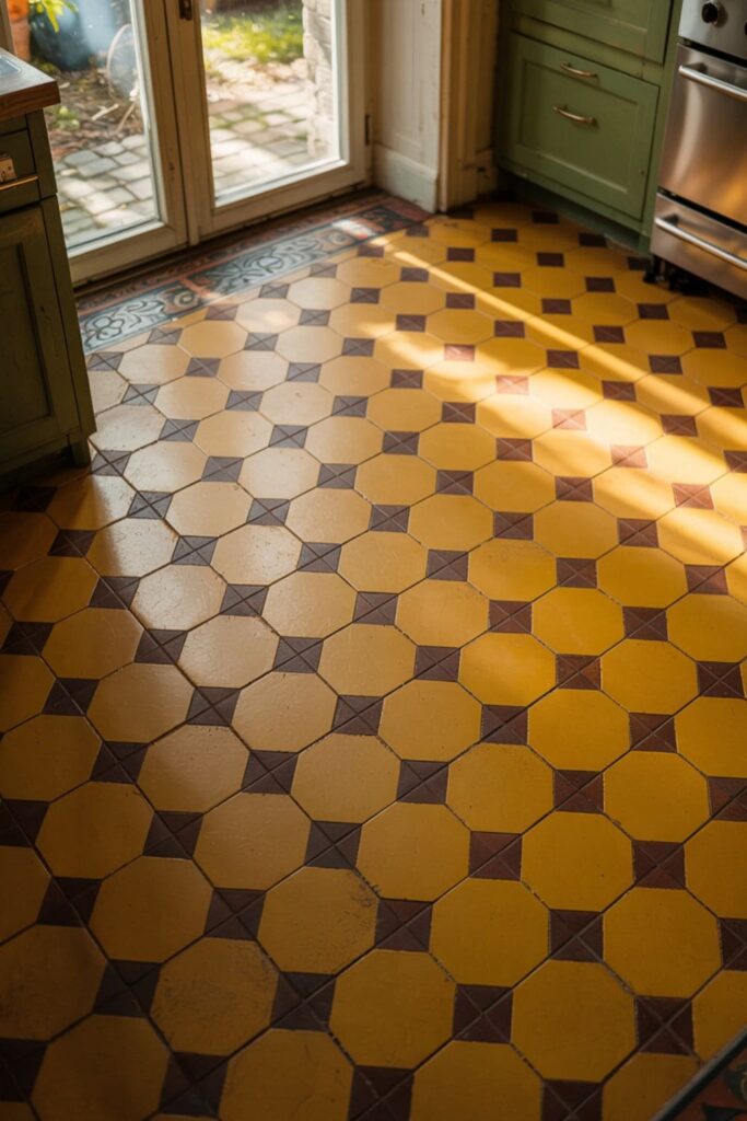 Colorful vinyl kitchen flooring with hexagon patterns in orange, brown, and green, styled in 1970s fashion