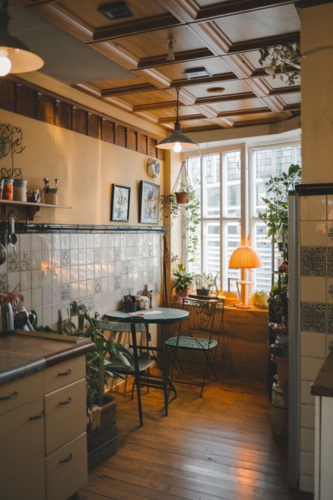 Drop ceiling with wood panel details and pendant lights above a cozy kitchen nook, vintage style