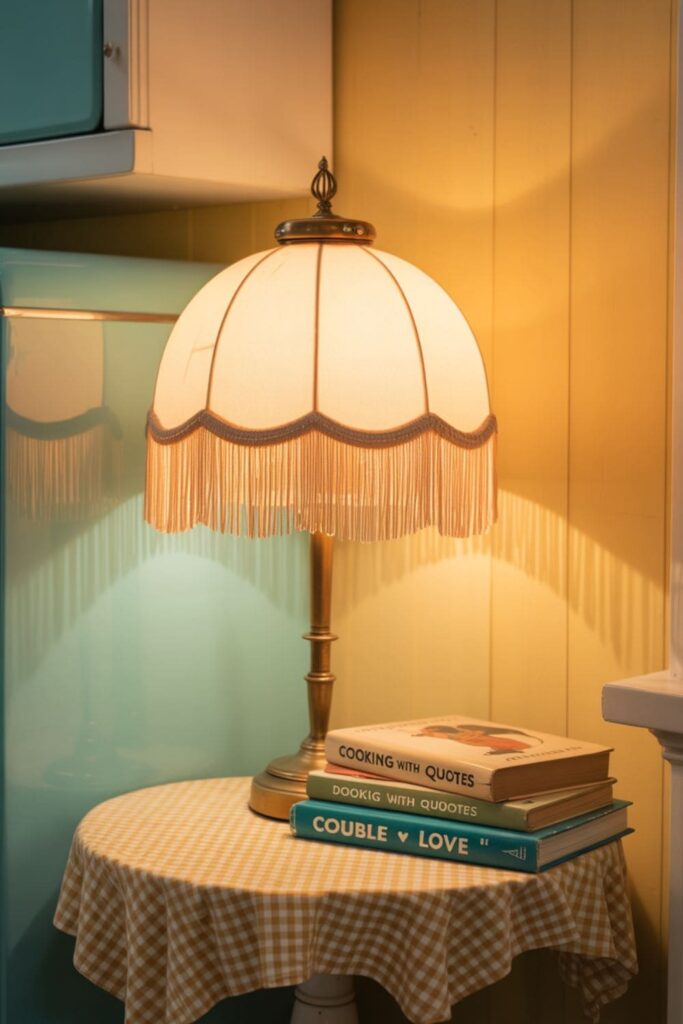 Fringed vintage table lamp glowing softly in a retro kitchen corner or breakfast nook