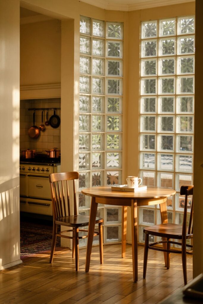 Glass block wall used as a partial divider between a kitchen and dining area, letting light pass through
