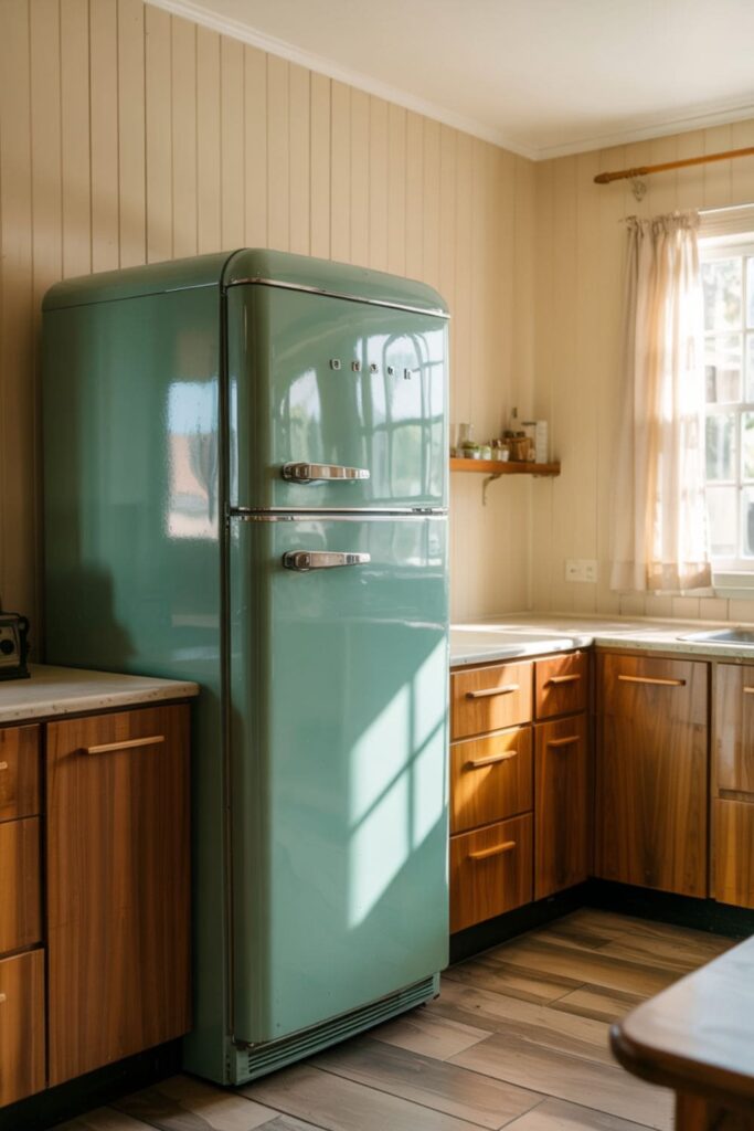 Modern kitchen with a vintage-style teal refrigerator as the focal point, surrounded by wood cabinetry
