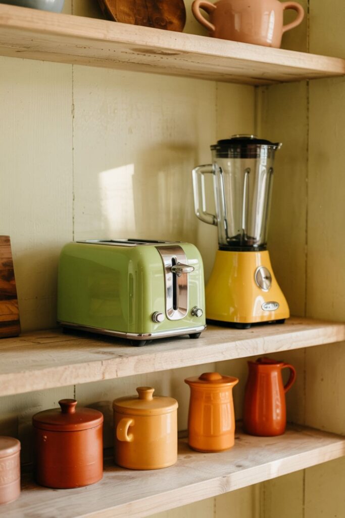 Open kitchen shelves displaying colorful retro appliances like a toaster, blender, and measuring cups