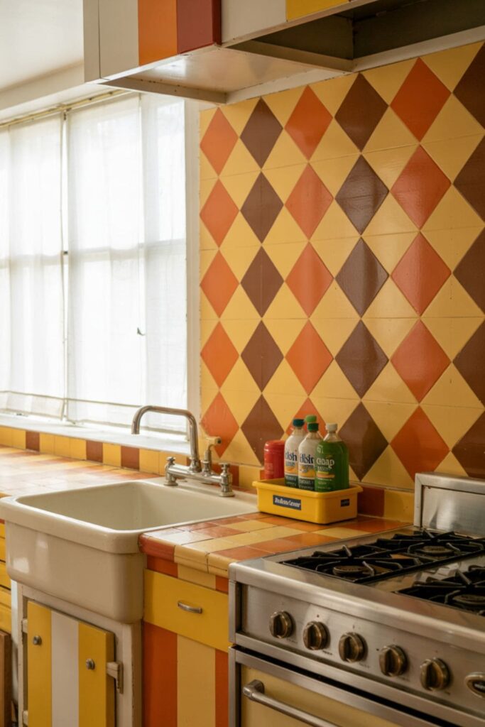 Retro kitchen wall featuring bold geometric wallpaper with circles, diamonds, and stripes in vintage colors.