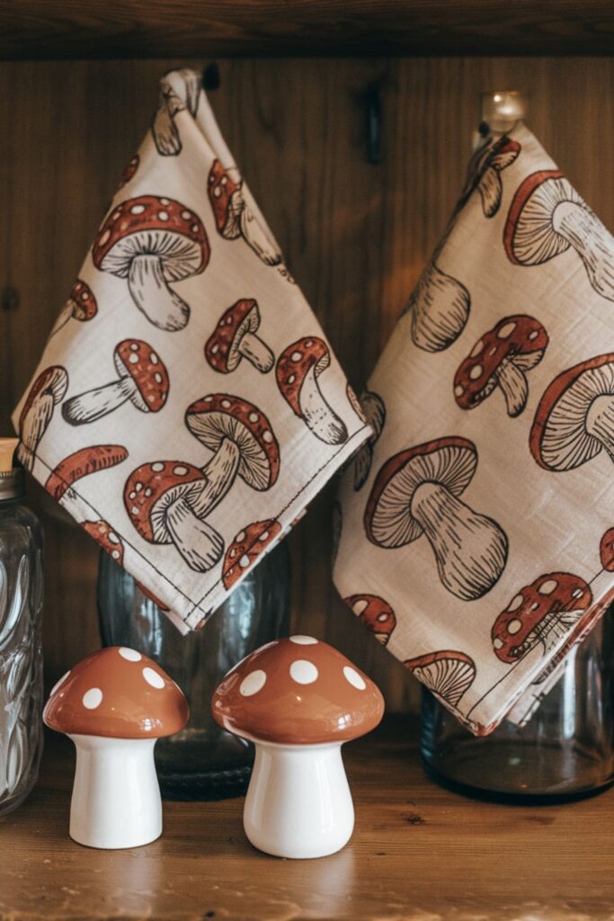Retro mushroom-themed kitchen decor including salt shakers and patterned dish towels on display.
