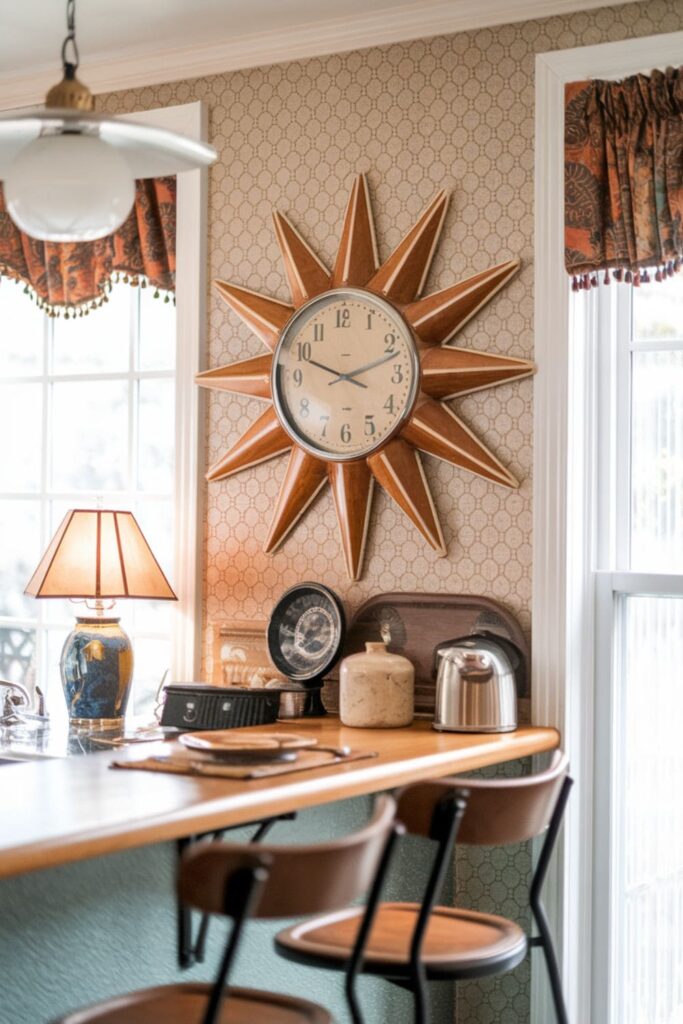 Sunburst wall clock from the 1970s hanging above a breakfast bar in a vintage-themed kitchen