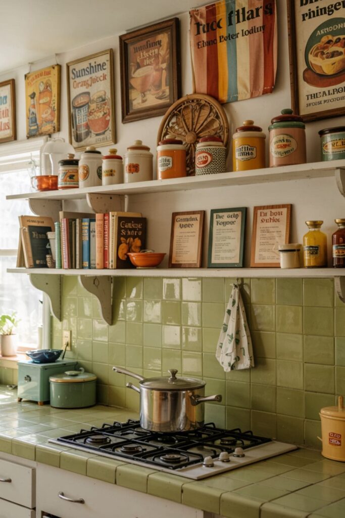Vintage kitchen wall decor with framed 1970s recipe cards and retro food advertisements