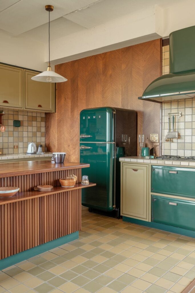Warm wood paneling used as an accent wall or island front in a 1970s-inspired kitchen