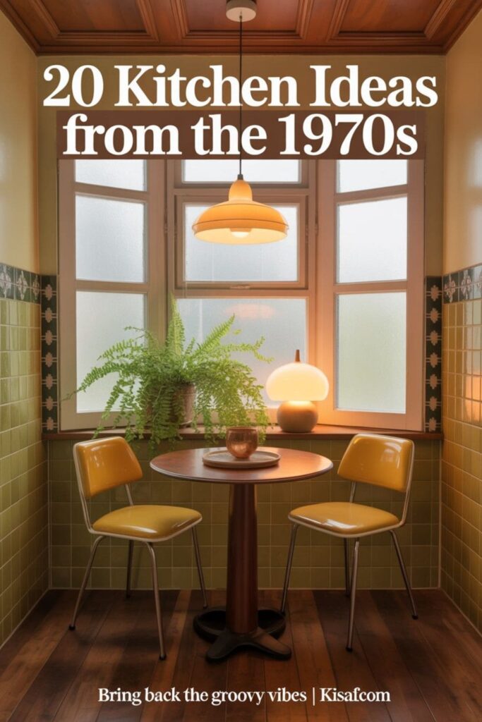 a Pinterest-style image with the text overlay _20 Kitchen Ideas from the 1970s