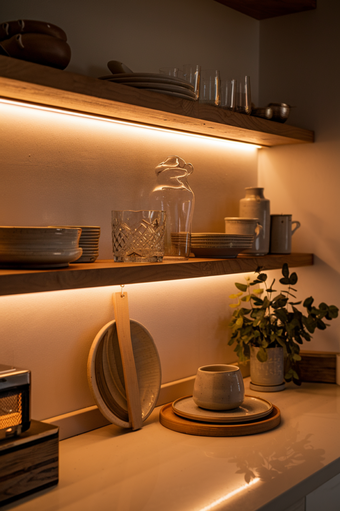 Wooden floating kitchen shelves illuminated with warm under-shelf LED lighting, showcasing elegant glassware and mugs.