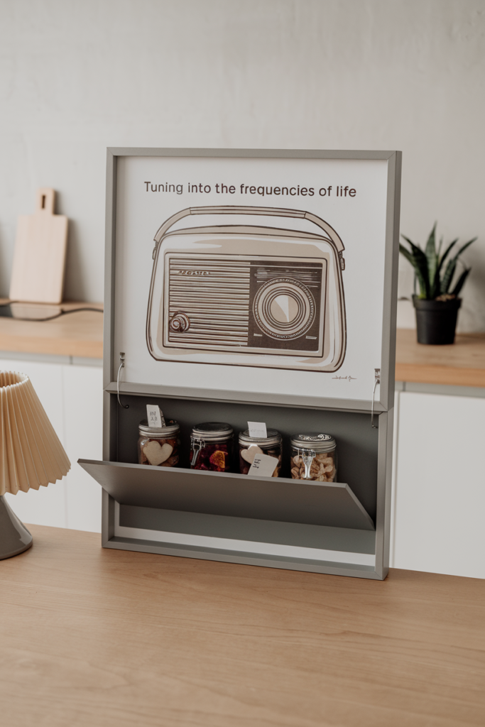 Kitchen wall art that swings open to reveal a hidden shelf storing small spice jars and keys.