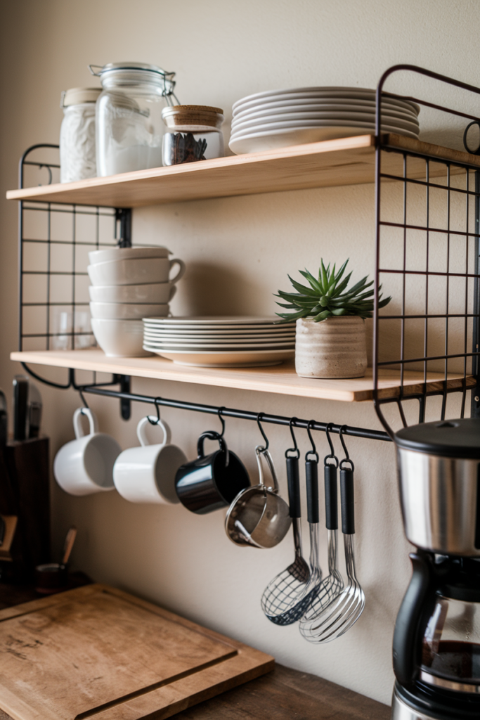 Wooden kitchen shelf with metal hooks underneath, holding mugs and utensils, with baskets and dishes placed above.