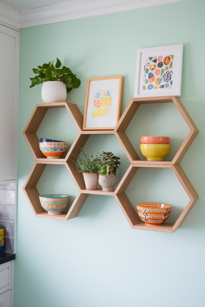 Kitchen wall decorated with honeycomb-style hexagon shelves holding colorful bowls and small decorative items.
