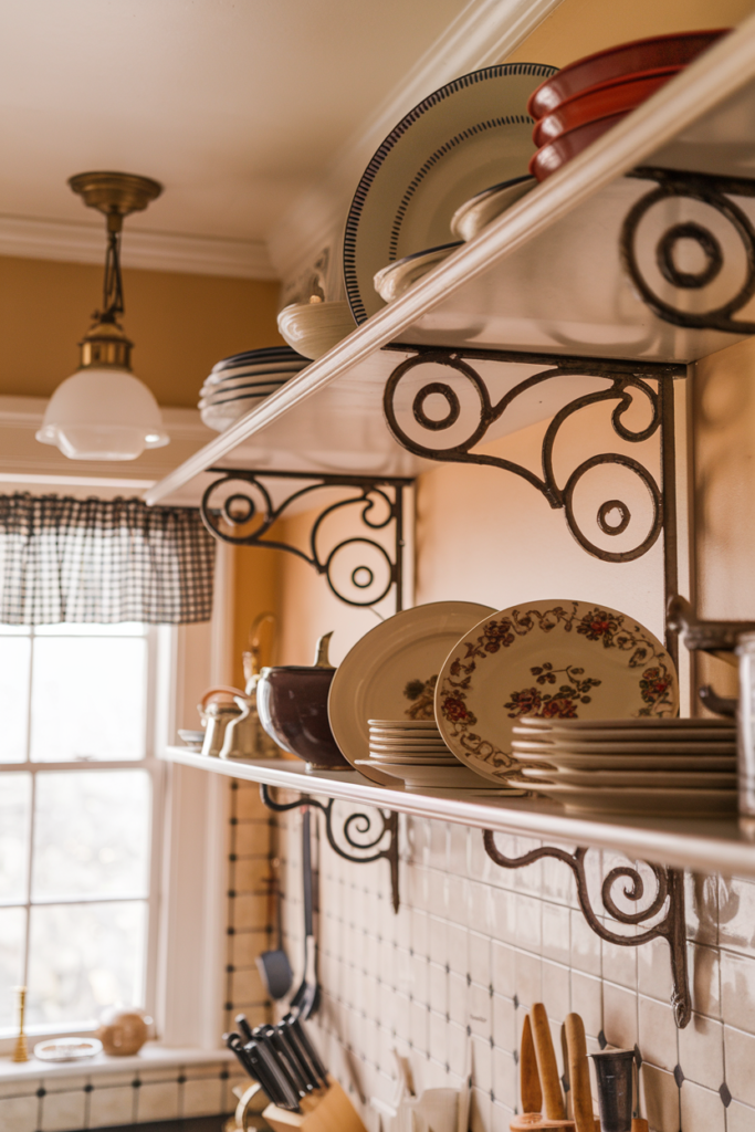 Open kitchen shelf mounted with ornate vintage iron brackets, supporting dishes and kitchen tools with rustic charm.