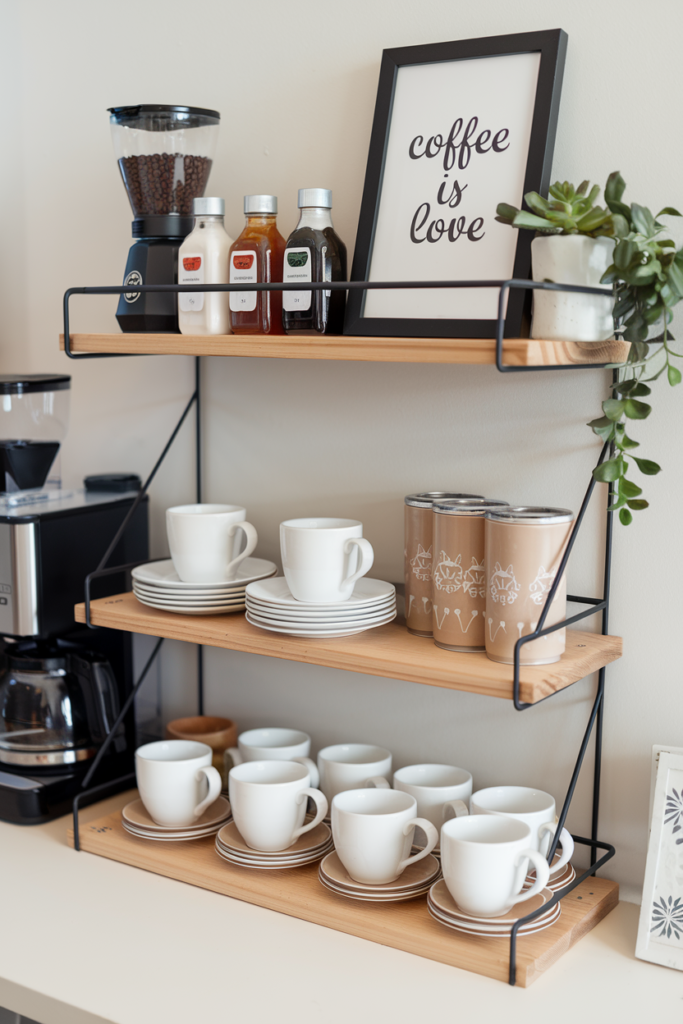 Small kitchen coffee bar setup with tiered floating shelves displaying mugs, coffee beans, and framed quotes.