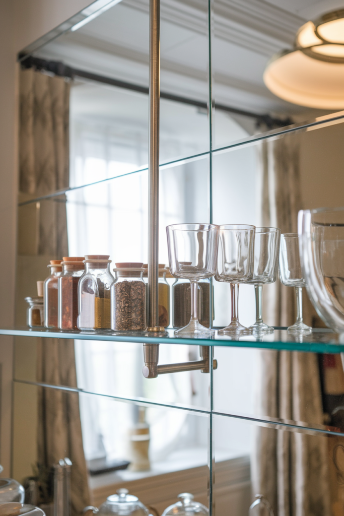 Floating kitchen shelf with a mirrored backing, reflecting light and showcasing glass spice jars.