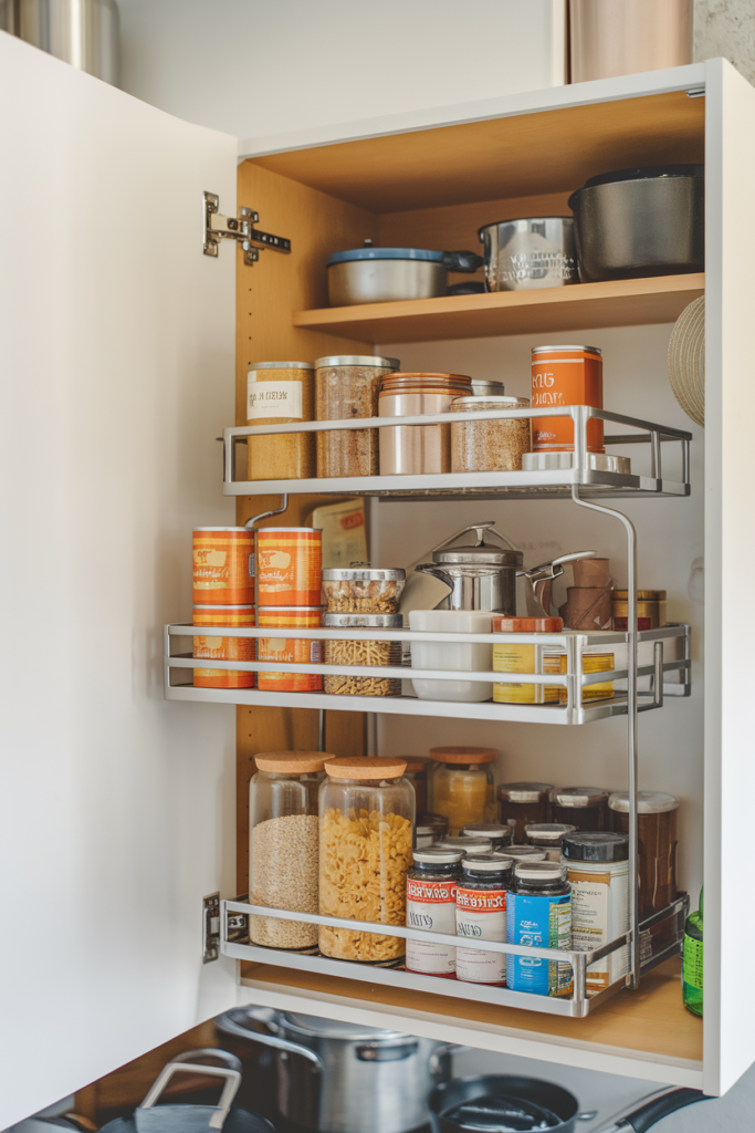 Opened corner cabinet with metal swing-out shelves neatly storing canned goods and pantry staples.