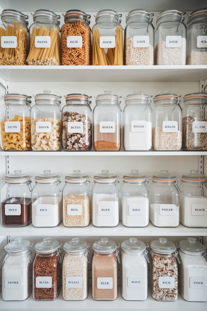Open kitchen shelf lined with matching glass jars filled with dry ingredients, each labeled neatly.