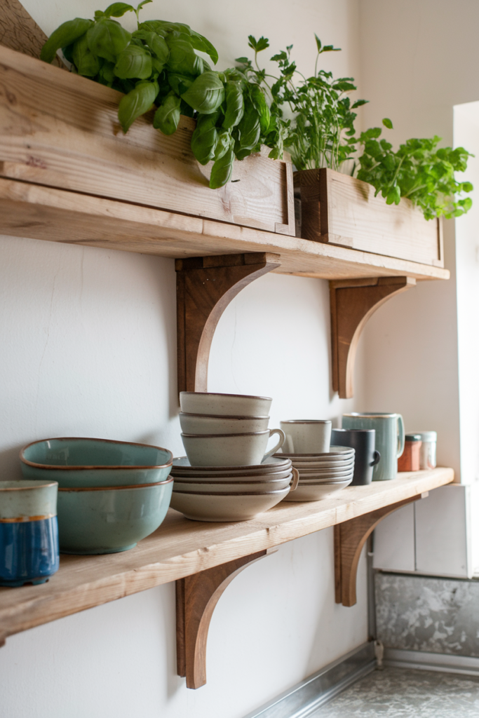 Floating kitchen shelves featuring built-in planter boxes filled with fresh green herbs like basil and parsley.