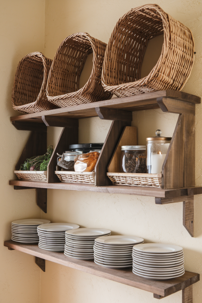 Stacked kitchen shelves in varying depths, with baskets on the top, jars in the middle, and plates on the bottom.