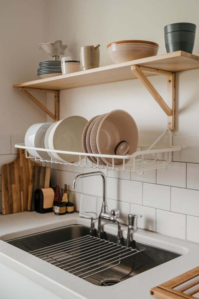 Minimalist kitchen shelf near the sink with slatted design for drying dishes, holding cups and bowls.